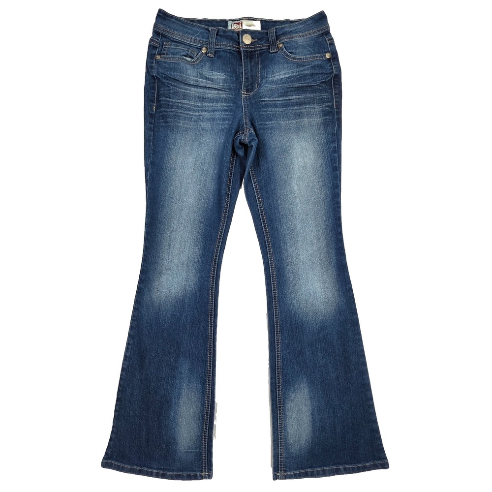 LEI Sophia Hipster Flare Jeans Womens 5 Short Dark Wash Low Rise Y2K Denim